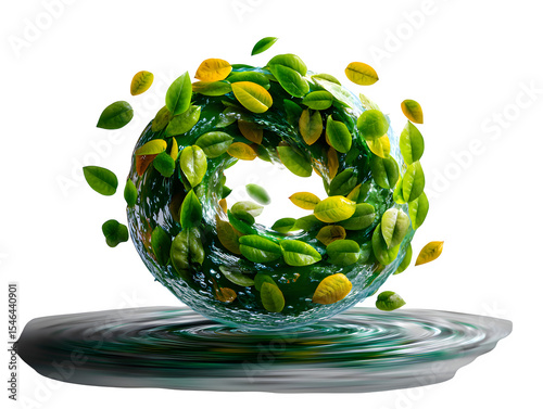 Floating leaves spiral formation, each leaf in a different green tone with light motion blur, styled on white background, isolated to transparent background