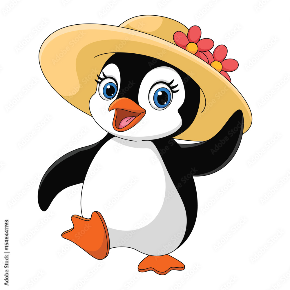 Fototapeta premium Happy Cartoon Penguin Wearing Yellow Sun Hat with Red Flowers Walking illustration