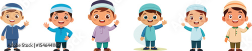 happy muslim kid cartoon set vector illustration