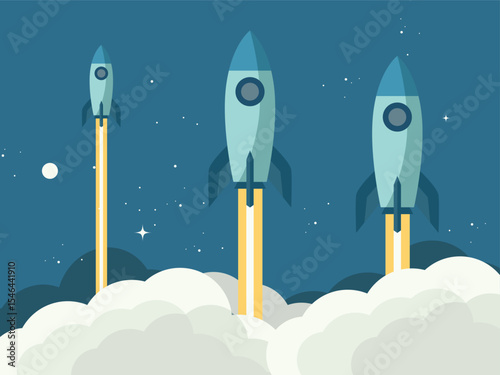 rockets launched in the dark of night with thick smoke crossing the sky