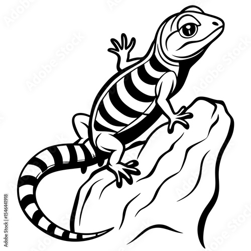 Cartoon striped lizard on a rock isolated on white background