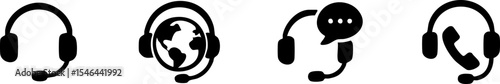 Black headset icons with microphones in various styles, symbolizing customer support, communication, and call center services.