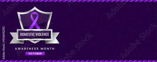 Vibrant Domestic Violence Awareness Month Banner with Purple Ribbon on Shield, Featuring Swirl Pattern Background for October Support Campaigns and Events.