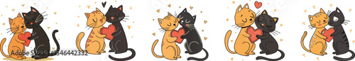 brown and black cat with heart design set vector illustration
