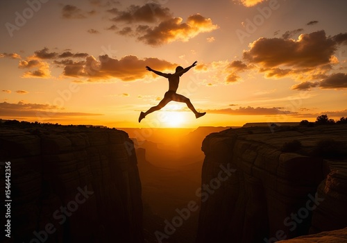 Silhouette of person leaping across gap at sunset concept of risk, courage, and achievement