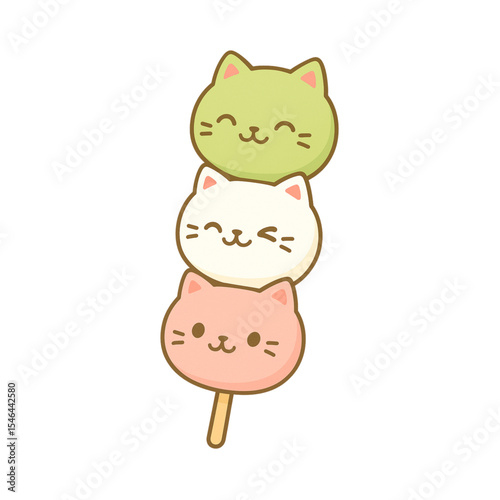 Cute cat-shaped dango illustration, with a beautiful combination of colors and interesting expressions. dango dessert from japan