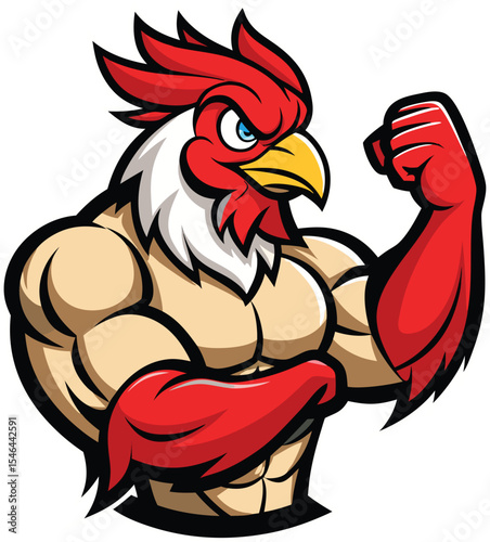 Muscular Rooster Mascot Flexing Bicep - Strong Chicken Cartoon Illustration