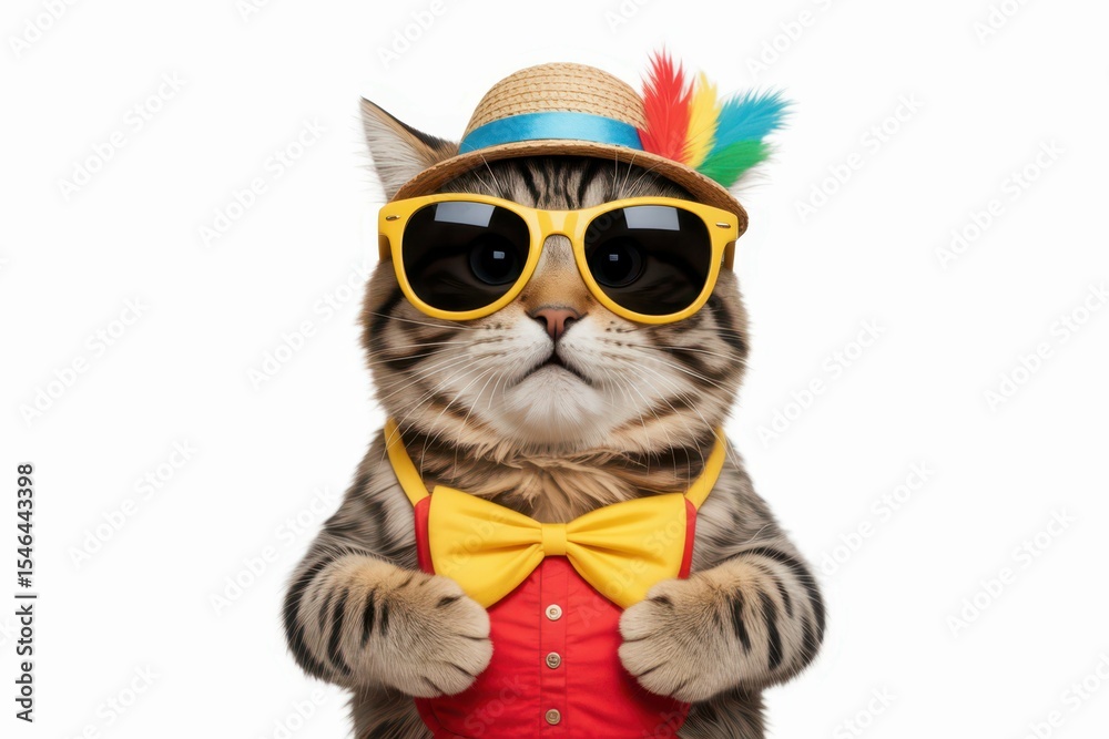 Happy smile kitty Cat wear sunglasses with summer season costume isolated on background, pets summer, lovely cat, holiday vacation. isolated, white background Happy smile kitty Cat wear sunglasses with summer season costume isolated on background, pets summer, lovely cat, holiday vacation. isolated, white background