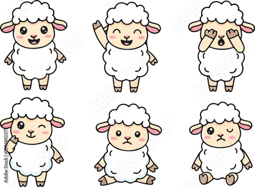 vector illustration of sheep ewe funny cute cartoon mascot character cartoon with 6 poses 01