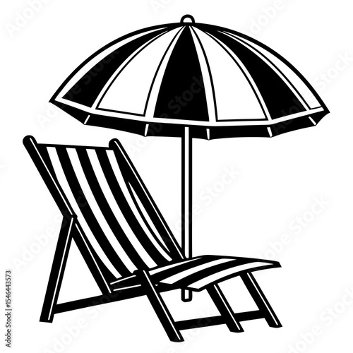 Striped beach chair and umbrella isolated on white background