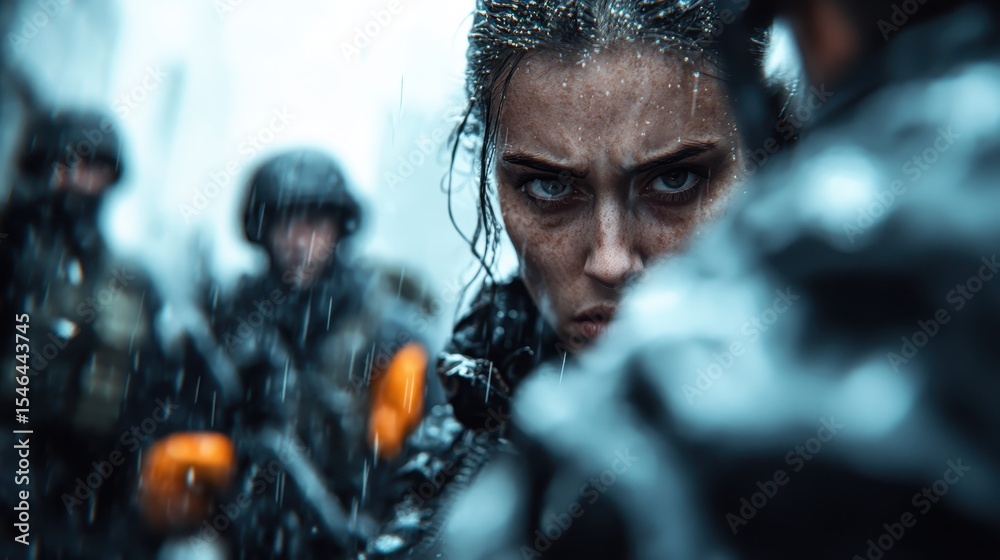 Fototapeta premium A striking portrait of a female soldier in the rain, capturing her fierce determination and resilience amidst a chaotic environment, symbolizing strength and courage in adversity.