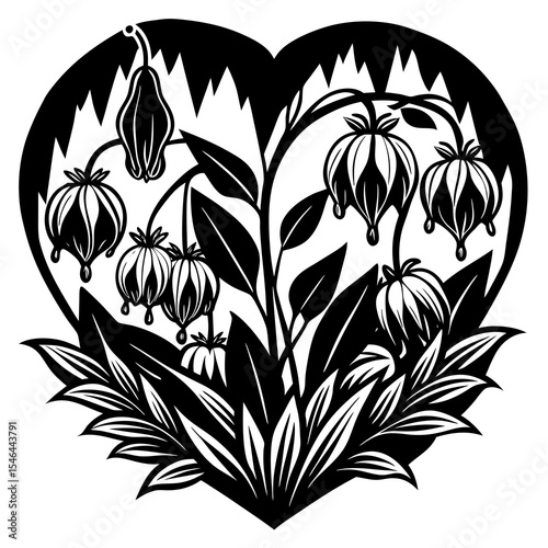 Bleeding heart flowers and foliage in a heart shape isolated on white