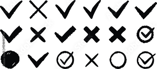 Hand drawn check marks and crosses on white