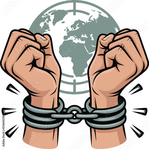 two raised fists with broken chains around the wrists, symbolizing liberation or resistance. A globe is centered behind the fists, suggesting a global context, with dynamic lines, breaking free 