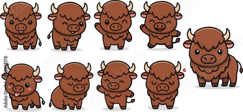 vector illustration of bison buffalo bull cow funny cute cartoon mascot character cartoon with 9 poses 01
