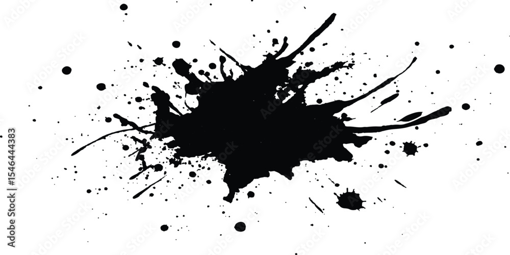 Obraz premium Black ink Splatter black paint ink brush strokes isolated white background. Vibrant ink splat on white background. Black splatter of paint on a white background.