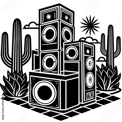 Stack of speakers with cactus plants in a desert landscape