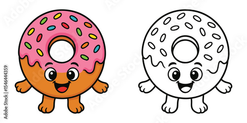 Coloring book of a donut cartoon with pink glaze and rainbow toppings on a white background illustration