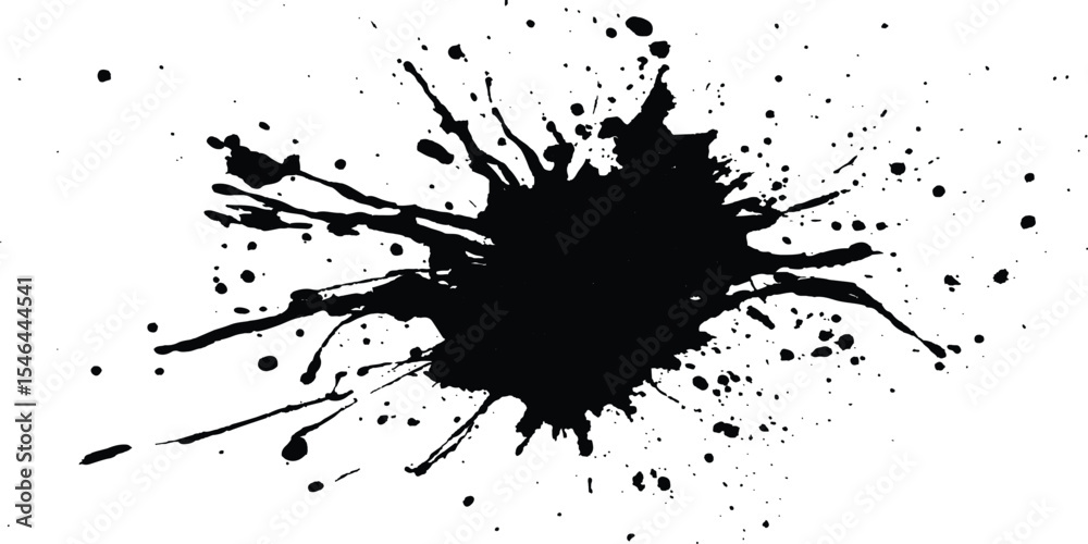 Obraz premium Black ink Splatter black paint ink brush strokes isolated white background. Vibrant ink splat on white background. Black splatter of paint on a white background.