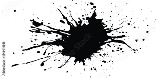 Black ink Splatter black paint ink brush strokes isolated white background. Vibrant ink splat on white background. Black splatter of paint on a white background.