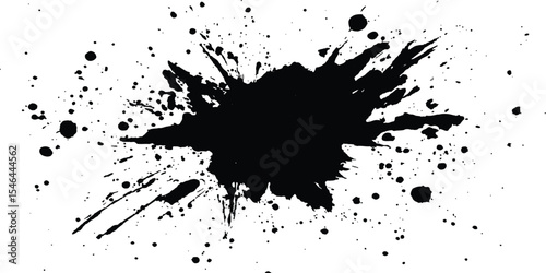 Black ink Splatter black paint ink brush strokes isolated white background. Vibrant ink splat on white background. Black splatter of paint on a white background.