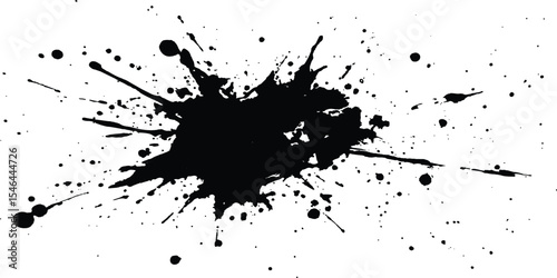 Black ink Splatter black paint ink brush strokes isolated white background. Vibrant ink splat on white background. Black splatter of paint on a white background.
