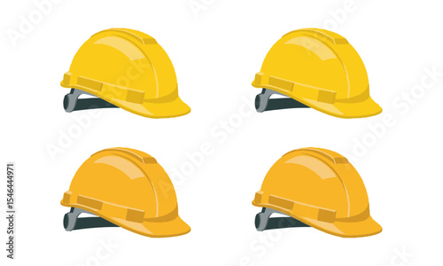 Modern vector illustration of a yellow construction safety helmet, front-left, side-left, side-right, and front-right—similar, easily editable and scalable.