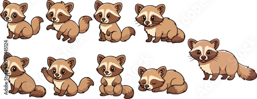 vector illustration of badger ferret weasel civet funny cute cartoon mascot character cartoon with 9 poses 