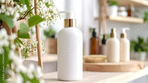Elegant White Lotion Bottle on Wooden Shelf with Flowers
