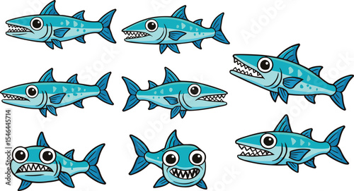vector illustration of barracuda sea fish funny cute cartoon mascot character cartoon with 8 poses 01