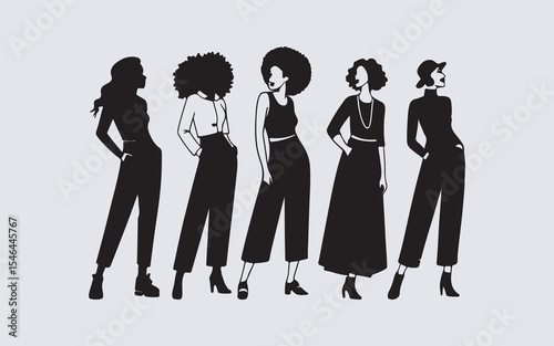  Silhouettes of five fashionable women in stylish outfits striking confident poses. A modern vector illustration showcasing elegance, diversity, and empowerment.