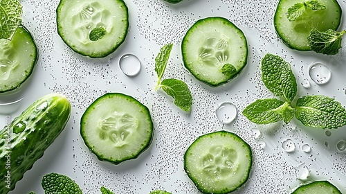 Aerial View of Fresh Cucumber Slices and Mint Leaves with Water Droplets