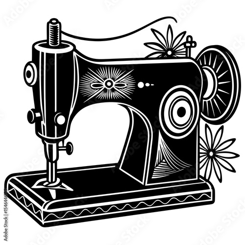 Vintage sewing machine with floral design isolated on white background