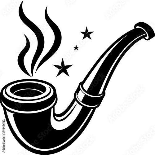 Classic tobacco pipe with smoke and stars isolated on white background