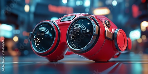 Stylized Red Cyberpunk Binoculars with Reflective Lenses and Blurred City Lights Background