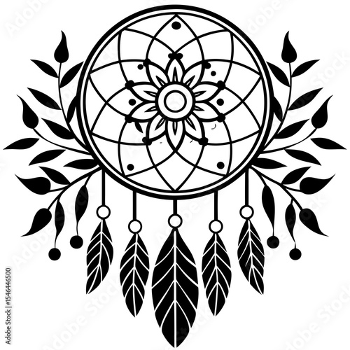 Dreamcatcher with feathers and leaves isolated on white background
