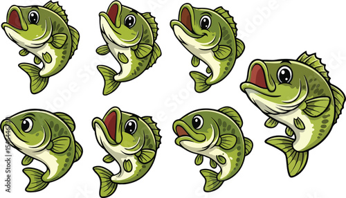vector illustration of big bass lake fish funny cute cartoon mascot character cartoon with 7 poses 03