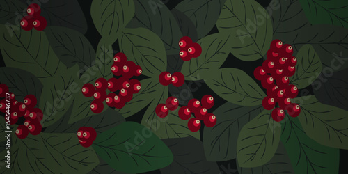Red berry bushes background. Horizontal green natural vector backdrop
