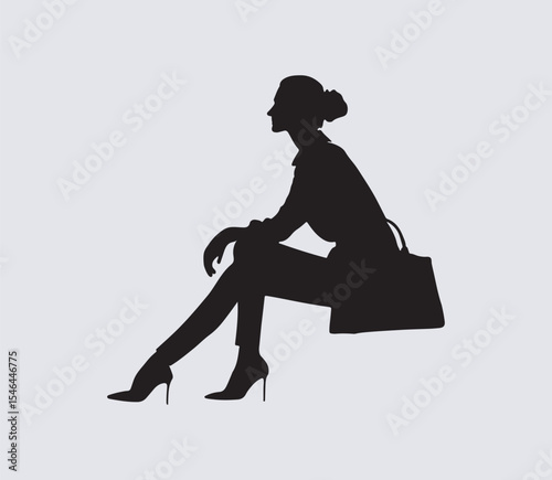  A minimalist silhouette of a stylish woman in a dress, sitting gracefully. The pixelated art style creates a modern, sophisticated aesthetic against a neutral gray background.