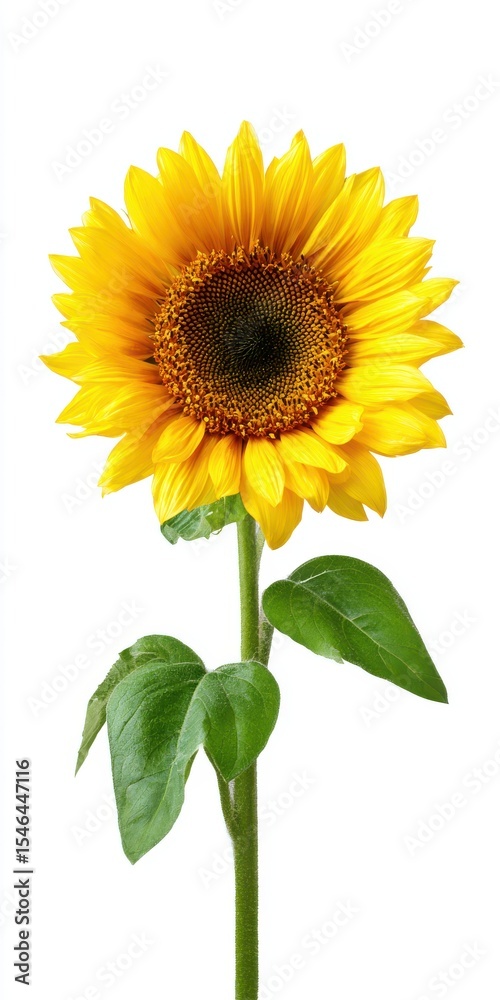 Naklejka premium Vibrant Yellow Sunflower with Dew Drops on White Background