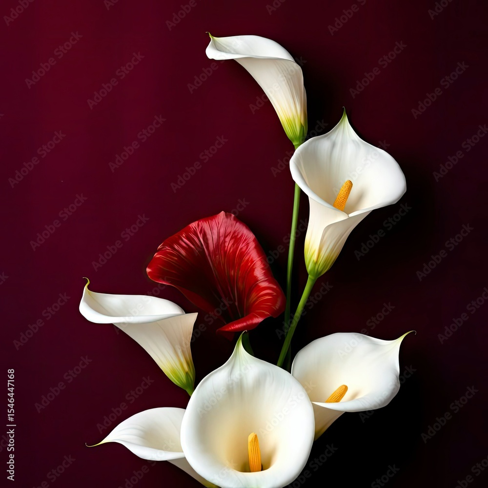 Obraz premium An arrangement of calla lilies mainly white with a single red bloom against a dark red backdrop
