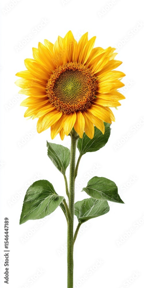 Naklejka premium Vibrant Yellow Sunflower with Green Leaves on White Background
