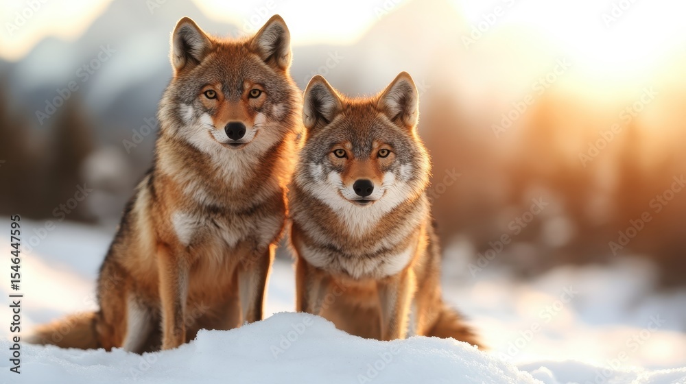 Fototapeta premium Two stunning coyotes stand together in a beautiful snowy landscape, showcasing their striking features and the serene nature surrounding them at sunset.