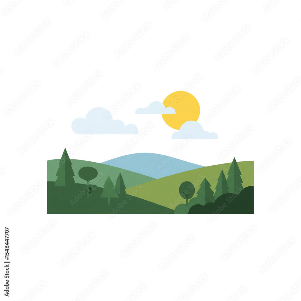 Fototapeta premium Minimalist Flat Landscape with Sun and Trees