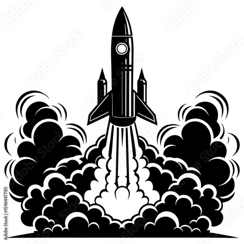 Rocket launching with smoke isolated on white background