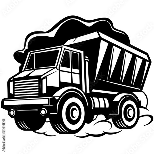 Heavy duty dump truck in motion isolated on white background