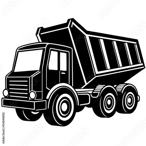 Black and white illustration of a dump truck isolated on white background