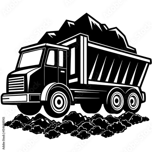 Black and white illustration of a dump truck carrying rocks