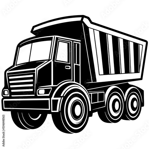 Black and white illustration of a dump truck on white background