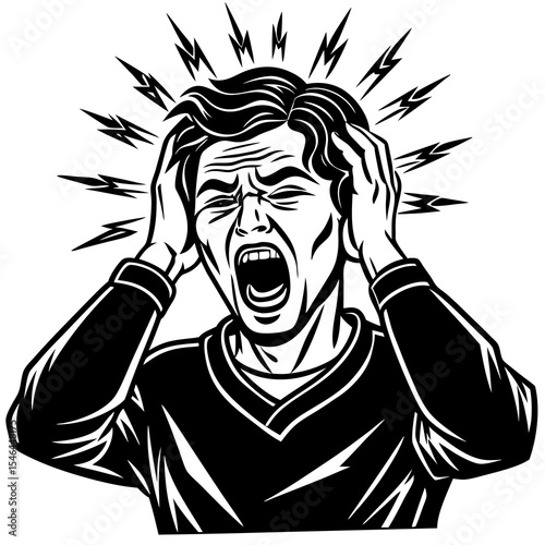 Stressed man screaming with hands on head isolated on white